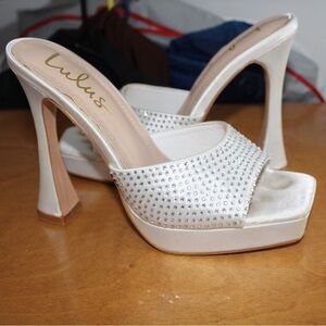 Lulu's White Satin Crystal Embellished Platform Heels